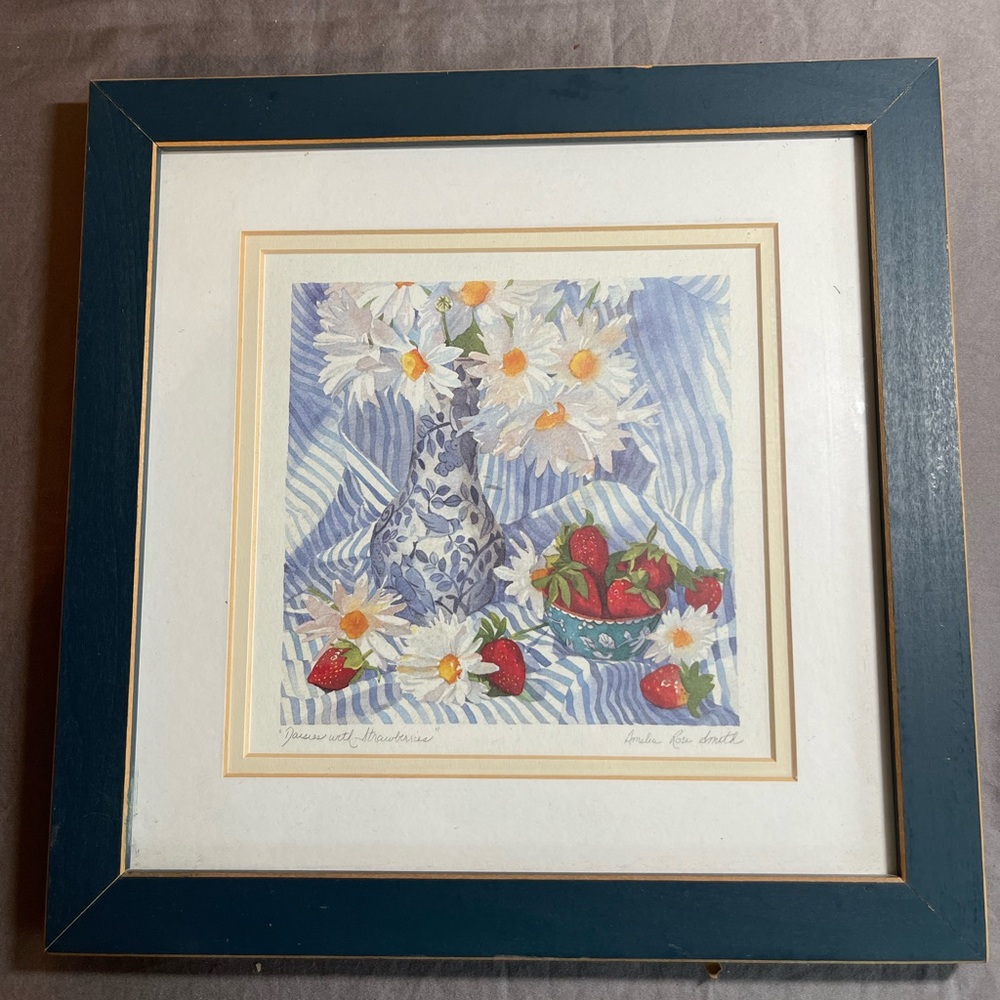 Vintage Cottagecore Daisies with Strawberries Framed Print by Amelia Rose Smith